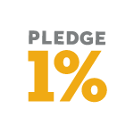 A minimalist logo design featuring the text 'PLEDGE 1%' arranged in a simple vertical layout. The text 'PLEDGE' appears in gray capital letters above a large yellow/gold number '1' followed by a perce